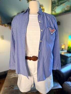 Fab Outfit- Striped Shirt/Textured Top/Shorts/Belt & Antique floral handkerchief